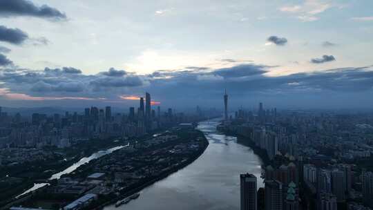 航拍广东广州城市风光 耶稣光洒满珠江景观视频素材模板下载