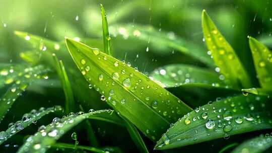 4K清晨下雨水珠草丛小草小雨春季植物