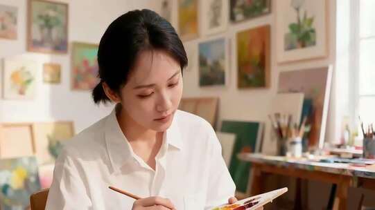 女性在画室专注作画素材