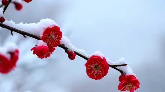雪中绽放的红色梅花特写