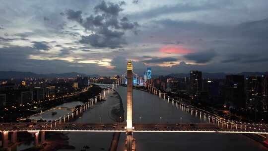 福建福州晚霞夜幕降临闽江大桥夜景灯光航拍视频素材模板下载