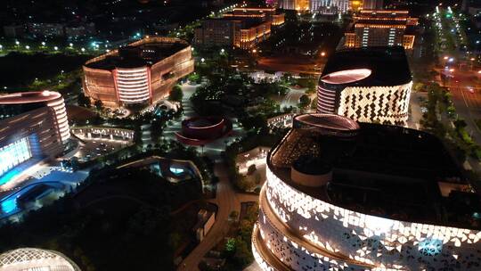 泉州市政府泉州图书馆夜景航拍泉州东海夜景