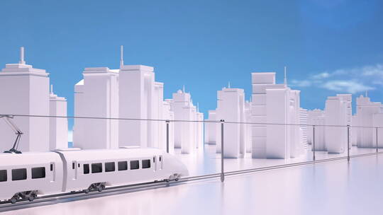 抽象电气化高铁动车高速驶过现代城市建筑