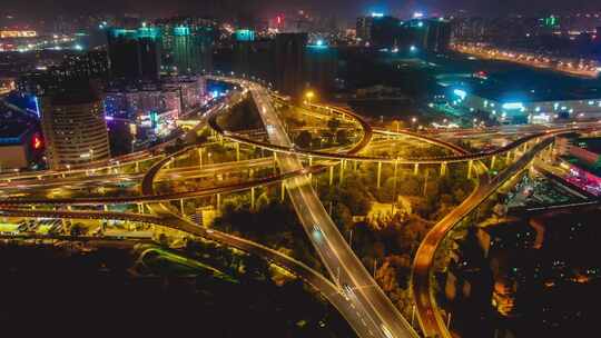 济南顺河路高架立交桥夜景交通移动延时航拍