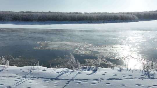 北方冬季河水冰凌流凌河面结冰