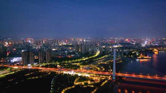 湖北荆州夜景航拍沙市夜景