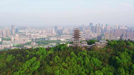 杭州临平公园东来阁与城市建筑风光航拍