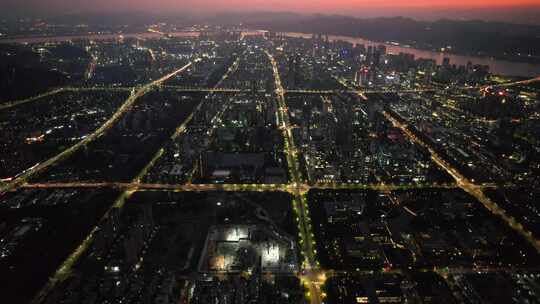 杭州滨江区城市晚霞夜景航拍