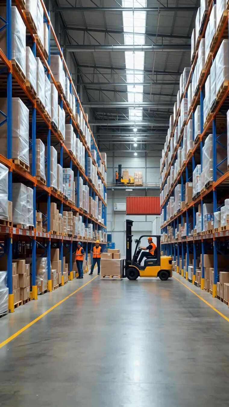 仓库工人操作叉车搬运货物