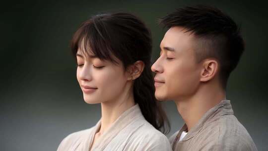 情侣身着汉服感受宁静与美好