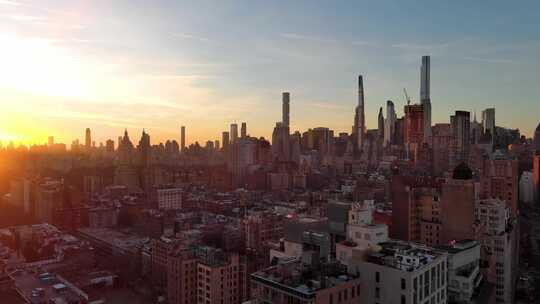 城市航拍纽约曼哈顿上西区摩天大楼日出街道