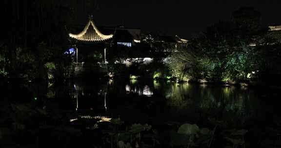 典雅苏州古典园林亭台楼阁夜景 桃花坞夜色