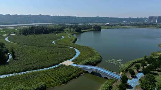 高清航拍四川眉山彭山公园长寿湖城市风光