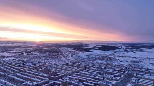 牙克石航拍冬天城市雪景日出