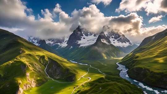 雪山下的山谷河流风景