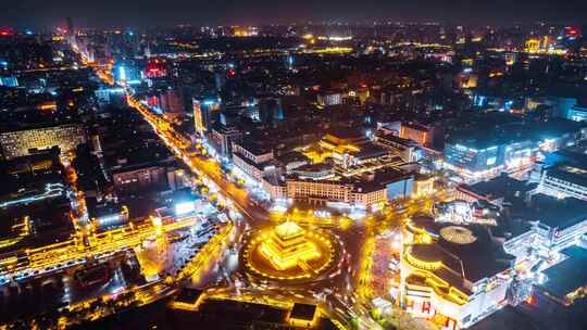 中国陕西西安钟楼环岛高视角夜景环绕延时