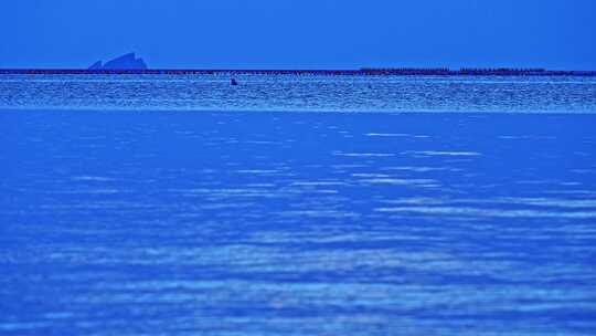 傍晚大海海面蓝调海水礁石波纹静谧风光