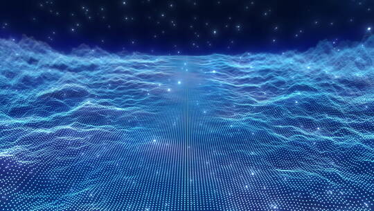 波、粒子和点的抽象发光数字信息空间在深蓝