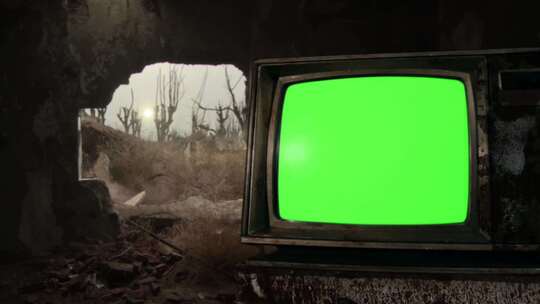 老式旧电视机在废弃的房子里打开绿屏
