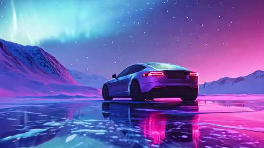 雪山极光下的轿车静景