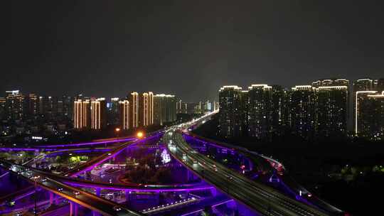 航拍杭州城市夜景高架延时车流