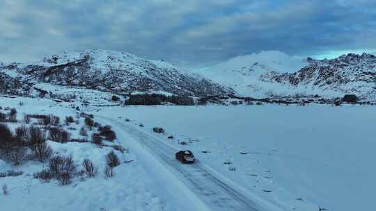 挪威罗弗敦群岛北极圈雷纳冬季雪景高空航拍