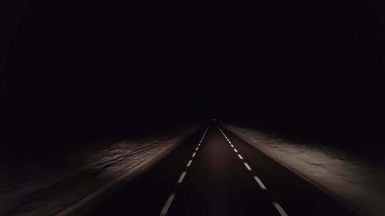夜间超光速汽车POV空旷的乡村森林道路，