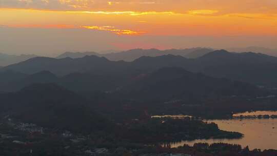 杭州风光西湖夕阳全景秋色航拍