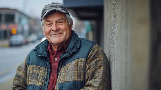 街角一位和蔼老人面带幸福微笑