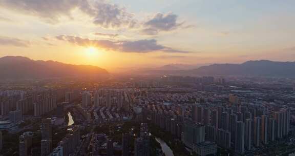 浙江台州城市日落风光航拍