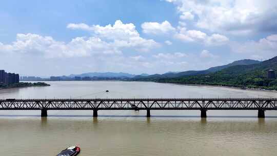航拍杭州钱塘江大桥视频素材模板下载