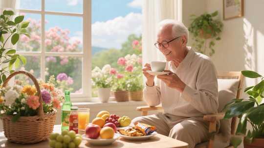 老人室内窗边悠闲喝咖啡