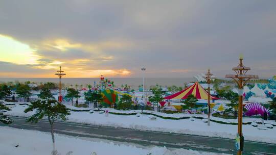 航拍大雪过后的辽宁锦州海边