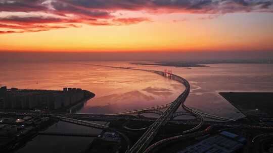 青岛胶州湾跨海大桥黄昏航拍