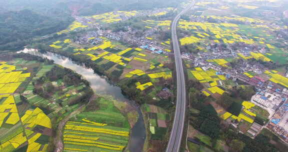 航拍中国基础建设高速公路穿越春天花海田野