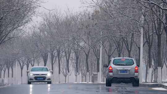 下雪天车在路上行驶