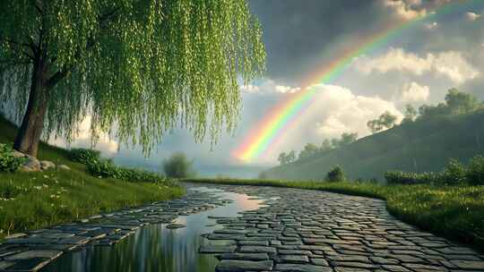 春天春季雨后草地彩虹风景