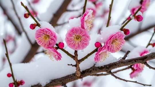 雪中盛开的粉色梅花