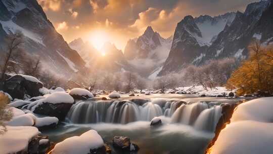 雪山溪流日出美景