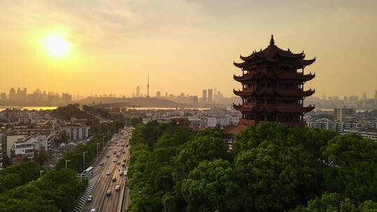 黄鹤楼黄昏夕阳航拍大景