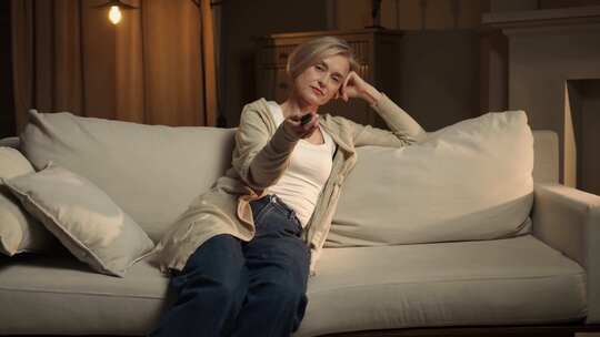 晚上，女人在舒适的客厅里的白色沙发上放松