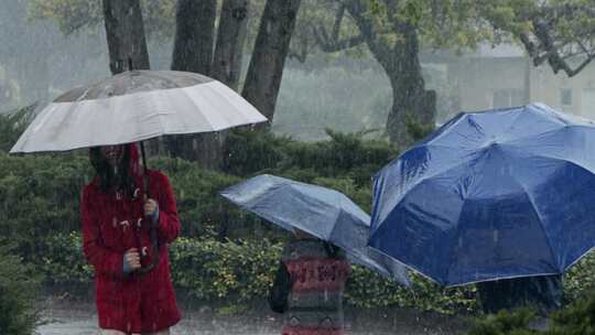 三个孩子拿着雨伞在雨中跳上跳下