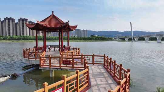 城市天际线楼房居住生态环境河流天空