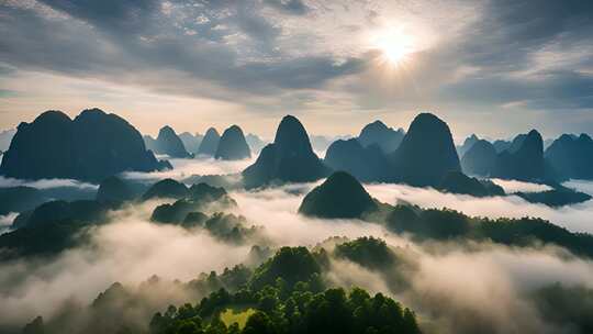 桂林山水山峰云海合集日出云雾缭绕自然风景