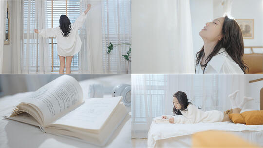 女生起床撸猫看书玩电脑