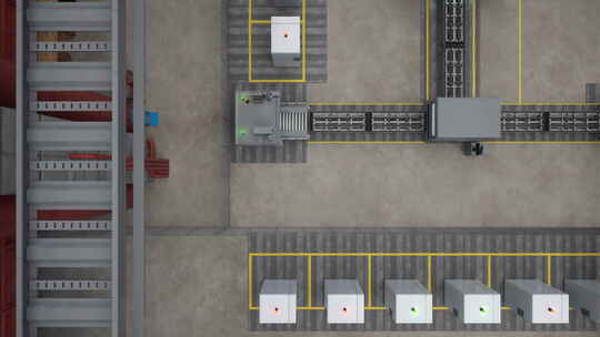 仓库3D渲染无人机镜头中的机械和装配线视频素材模板下载