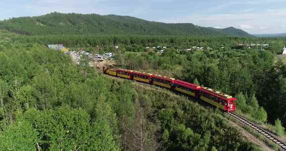 航拍莫尔道嘎国家森林公园观光小火车