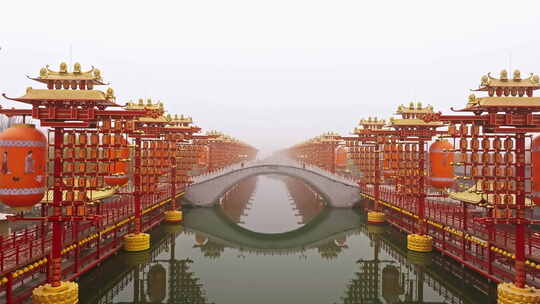 中式灯笼石桥小河
