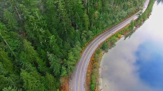 海边山林森林乡村林间山路桥上行驶汽车航拍