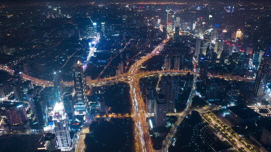 上海城市上空俯视车流夜景航拍延时